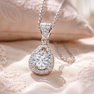 2 Carat Moissanite Teardrop Halo Pendant Sterling Silver 925 ,  D Colour